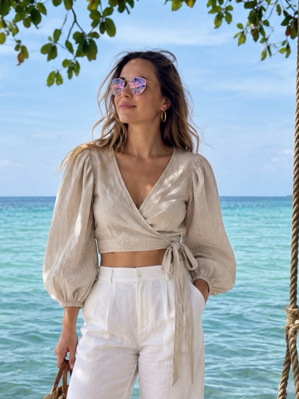 H&M Linen Blend Cropped Wrap Blouse